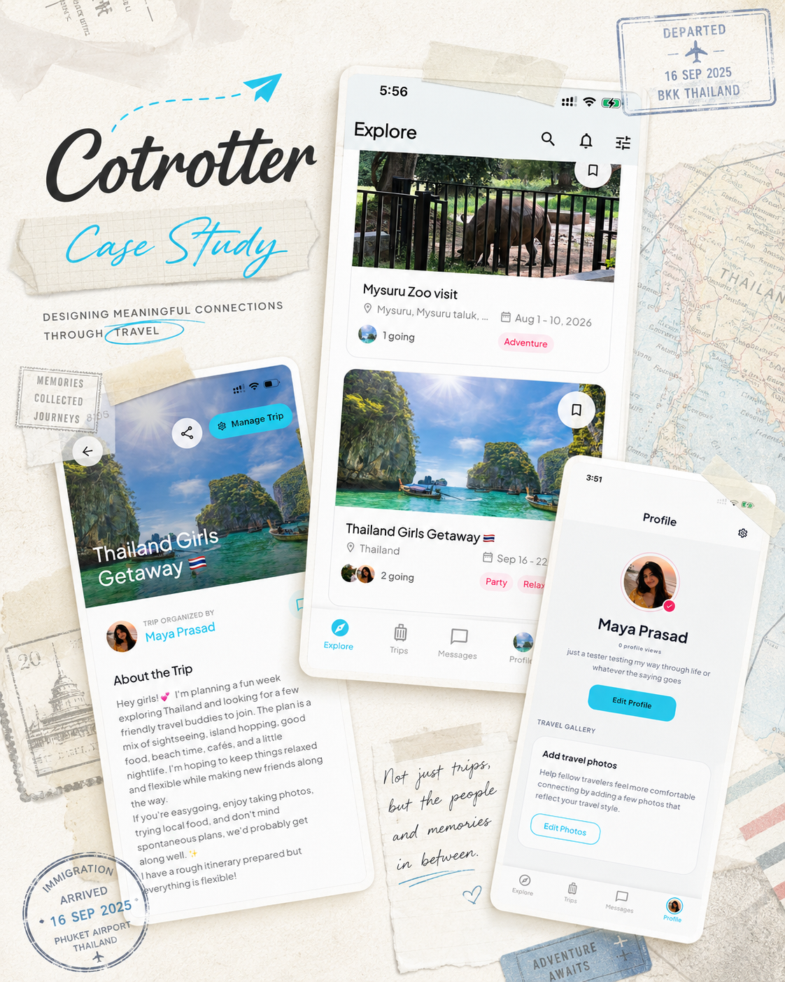 Cotrotter case study — travel-journal collage of Explore, trip detail, and profile screens